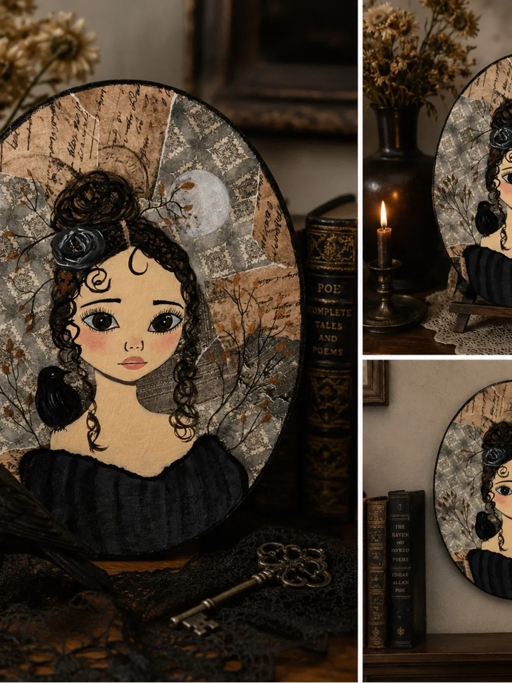 Hand-Painted Black & Beige Girl Portrait Wall Plaque - Artisan Home Wall Decor